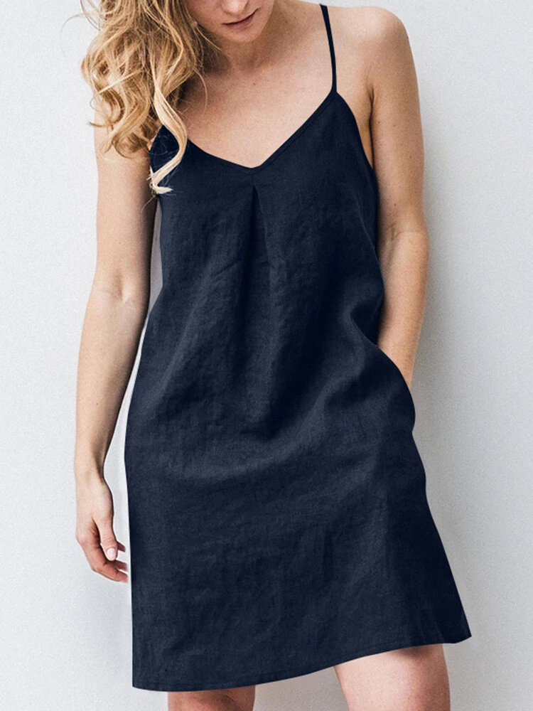 (image for) Solid Pocket Spaghetti Strap Backless Dress For Women