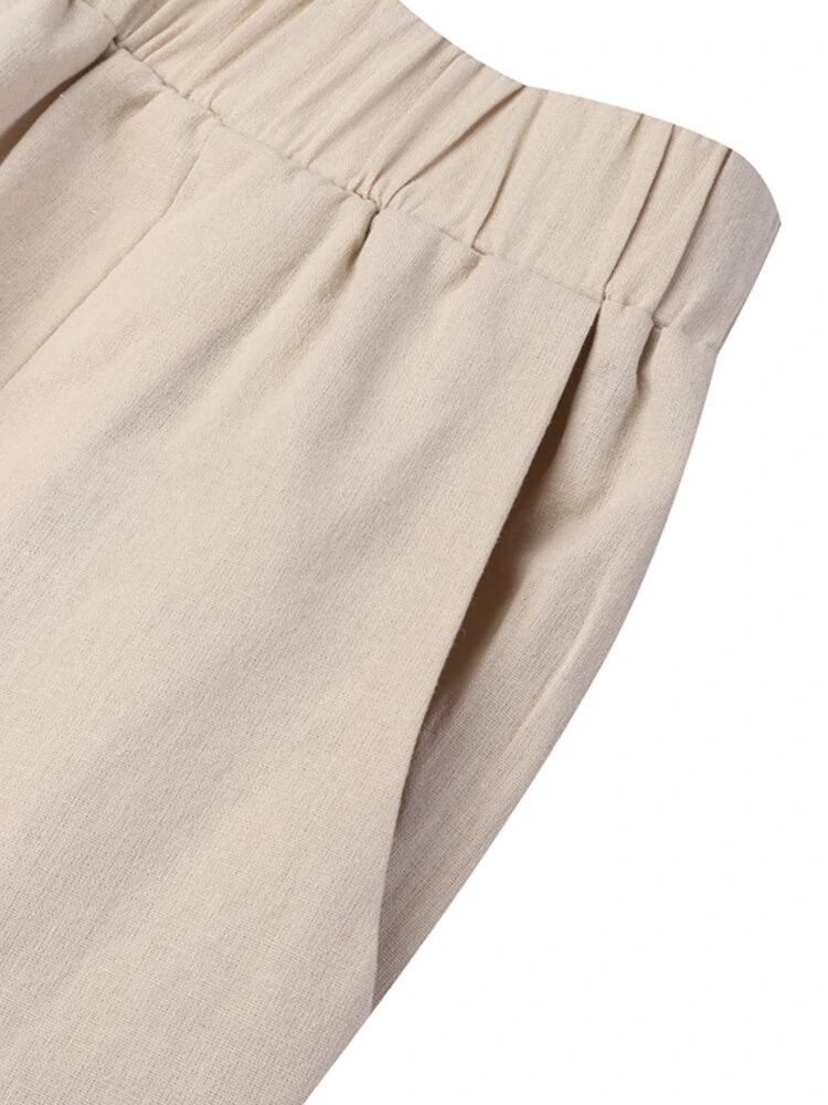(image for) Women Loose 100% Cotton Ankle Length Solid Color Wide Legged Casual Pants