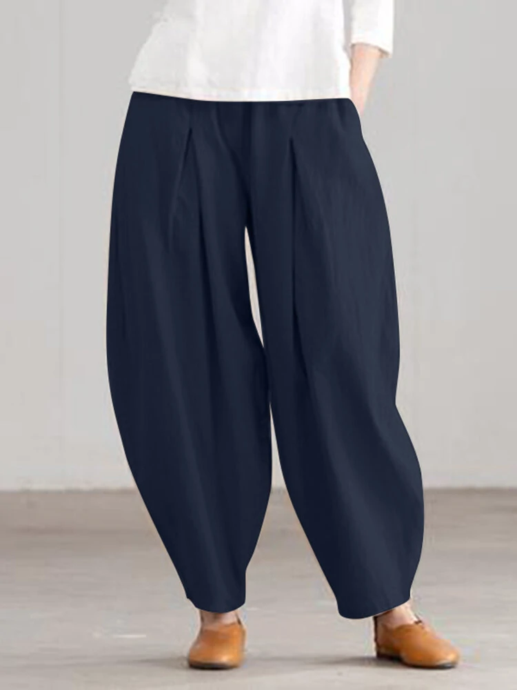(image for) Women Loose 100% Cotton Ankle Length Solid Color Wide Legged Casual Pants