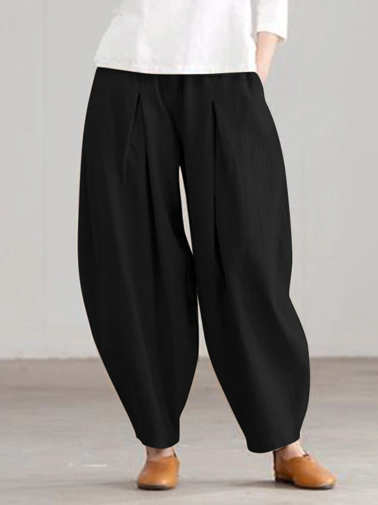 (image for) Women Loose 100% Cotton Ankle Length Solid Color Wide Legged Casual Pants