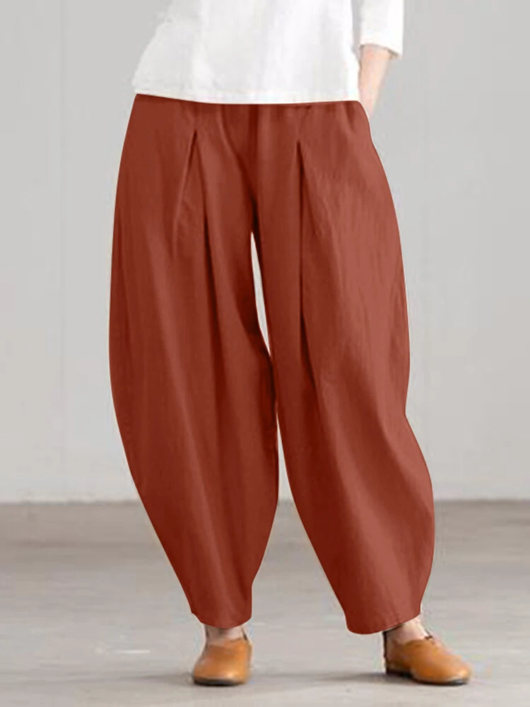 (image for) Women Loose 100% Cotton Ankle Length Solid Color Wide Legged Casual Pants