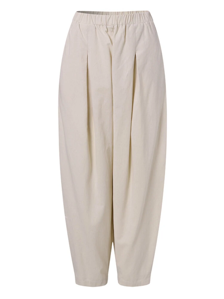 (image for) Women Loose 100% Cotton Ankle Length Solid Color Wide Legged Casual Pants