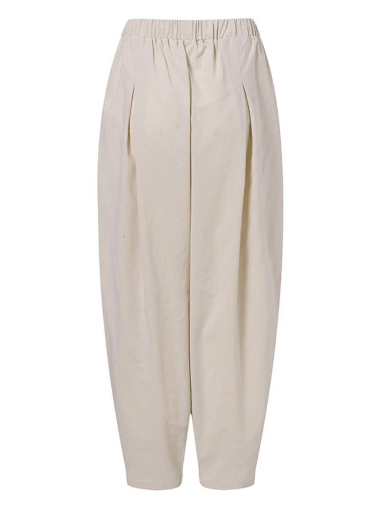 (image for) Women Loose 100% Cotton Ankle Length Solid Color Wide Legged Casual Pants