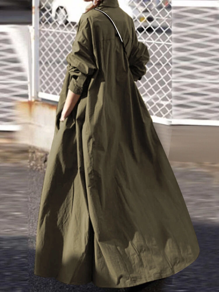 (image for) Women Solid Color Turn-down Collar Long Sleeve Button Casual Shirt Dresses With Pocket