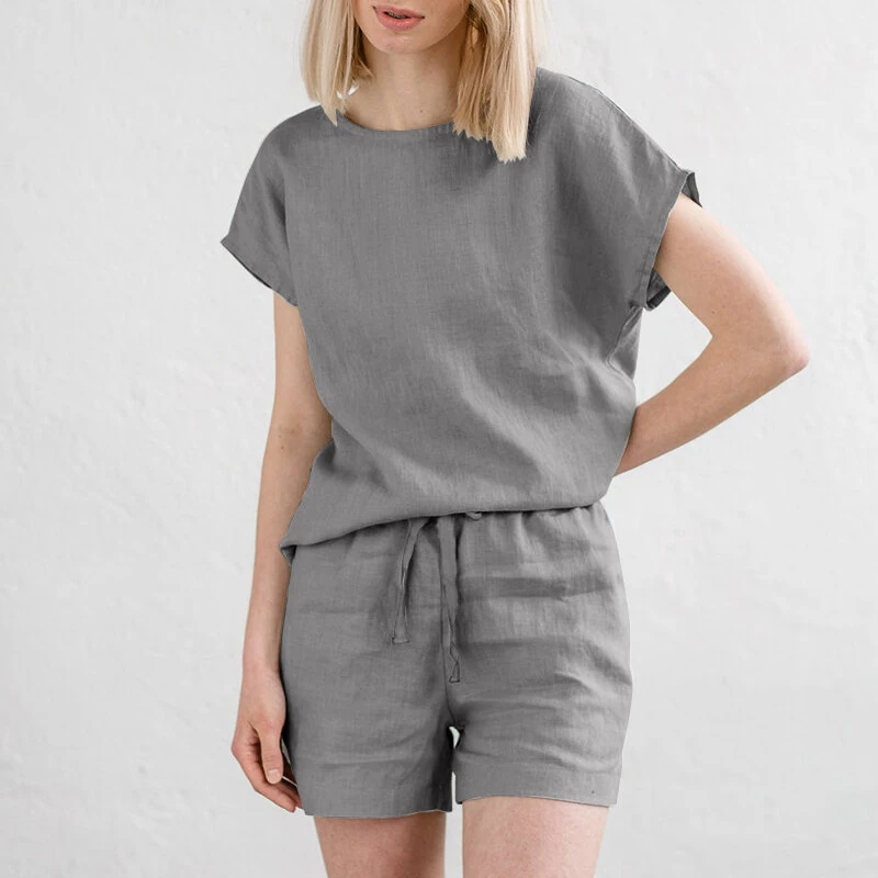 (image for) ZANZEA Plus Size Women Cotton Linen Two Set Solid Elastic Waist Pocket Short Sleeve Blouses and Short Casual Summer Two-Piece Set
