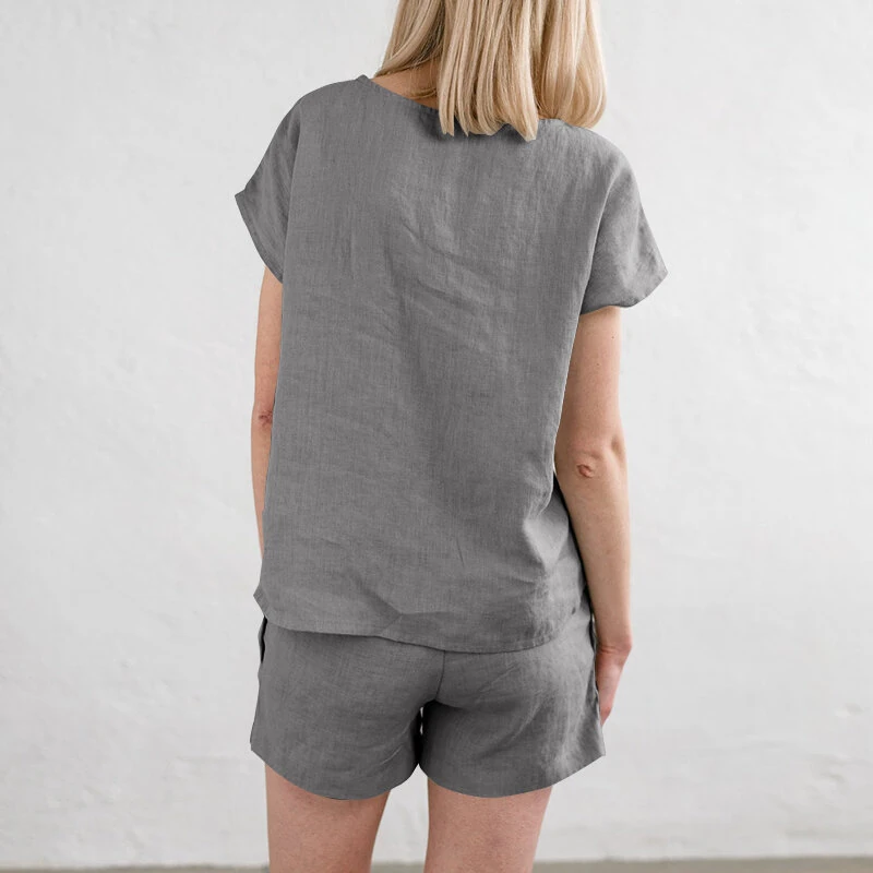 (image for) ZANZEA Plus Size Women Cotton Linen Two Set Solid Elastic Waist Pocket Short Sleeve Blouses and Short Casual Summer Two-Piece Set