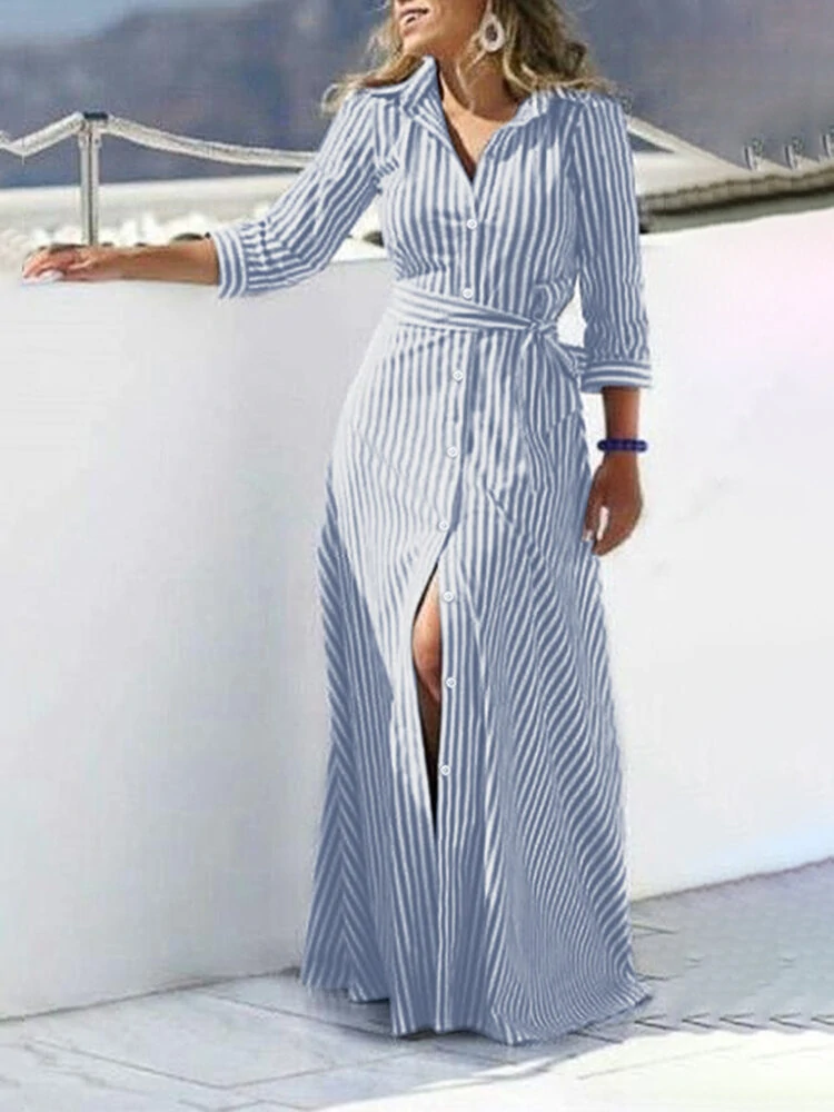 (image for) ZANZEA Women 100% Cotton Classical Striped Print Lapel Button Front Lace-Up Casual Shirt Dress
