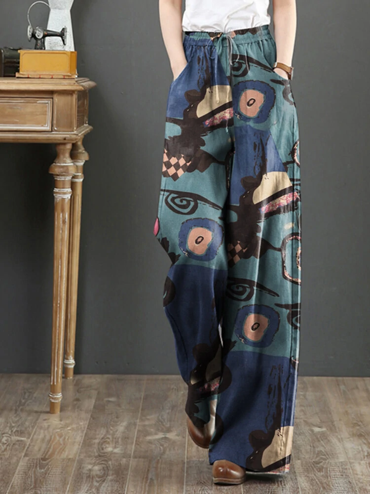 (image for) ZANZEA Women Plus Size Flared Wide-Leg Floral Printed Retro Side Pockets Pants