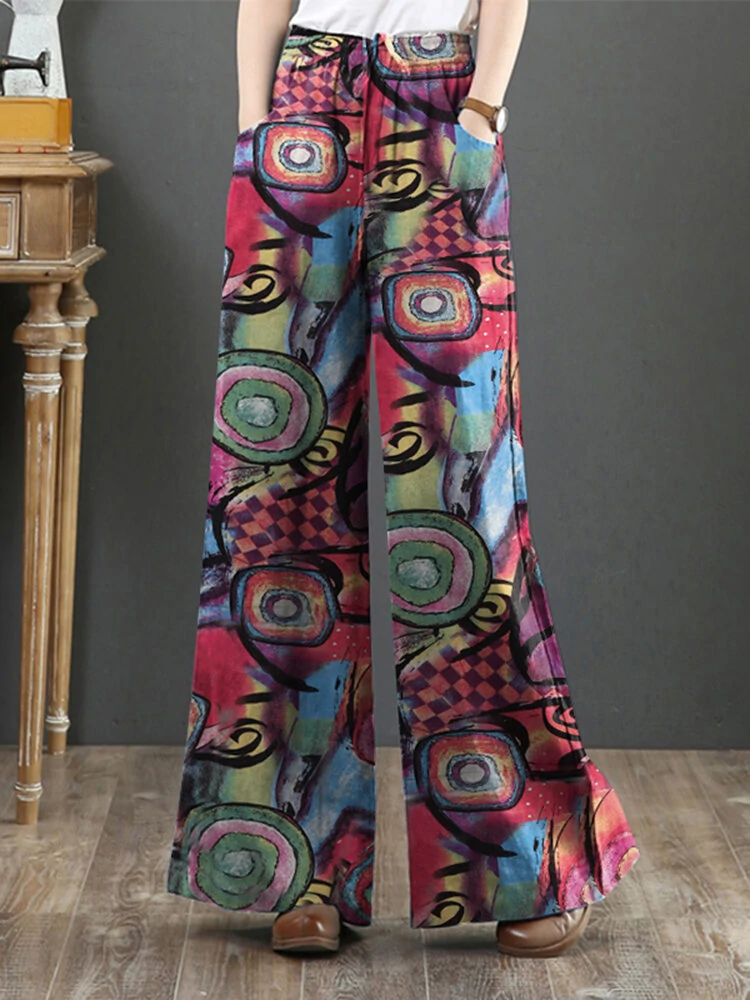 (image for) ZANZEA Women Plus Size Flared Wide-Leg Floral Printed Retro Side Pockets Pants