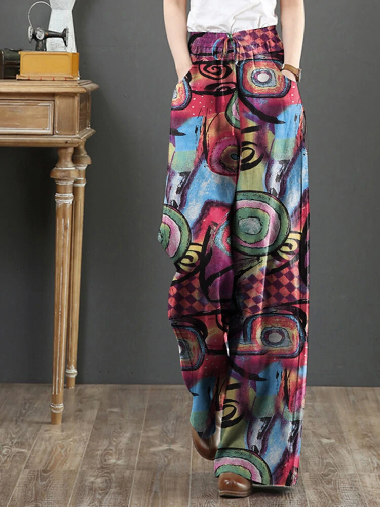 (image for) ZANZEA Women Plus Size Flared Wide-Leg Floral Printed Retro Side Pockets Pants