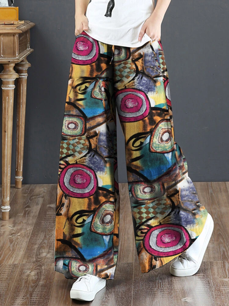 (image for) ZANZEA Women Plus Size Flared Wide-Leg Floral Printed Retro Side Pockets Pants