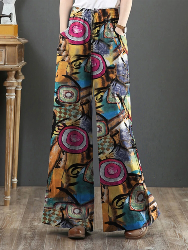 (image for) ZANZEA Women Plus Size Flared Wide-Leg Floral Printed Retro Side Pockets Pants