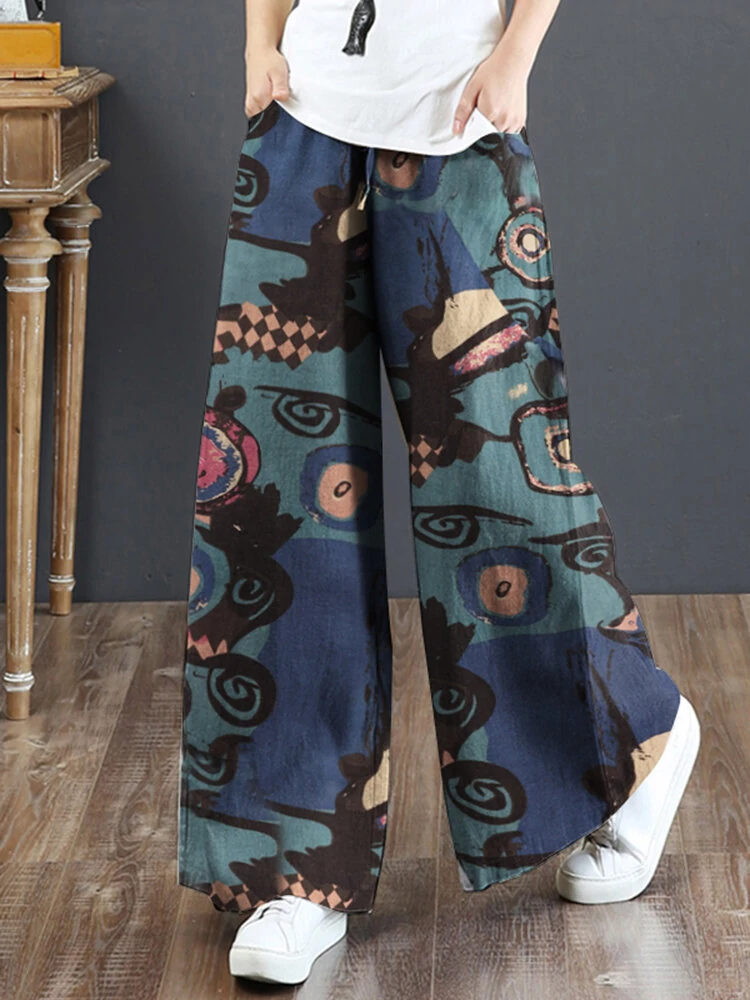 (image for) ZANZEA Women Plus Size Flared Wide-Leg Floral Printed Retro Side Pockets Pants