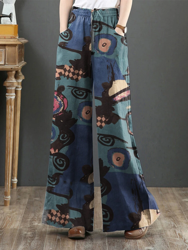 (image for) ZANZEA Women Plus Size Flared Wide-Leg Floral Printed Retro Side Pockets Pants