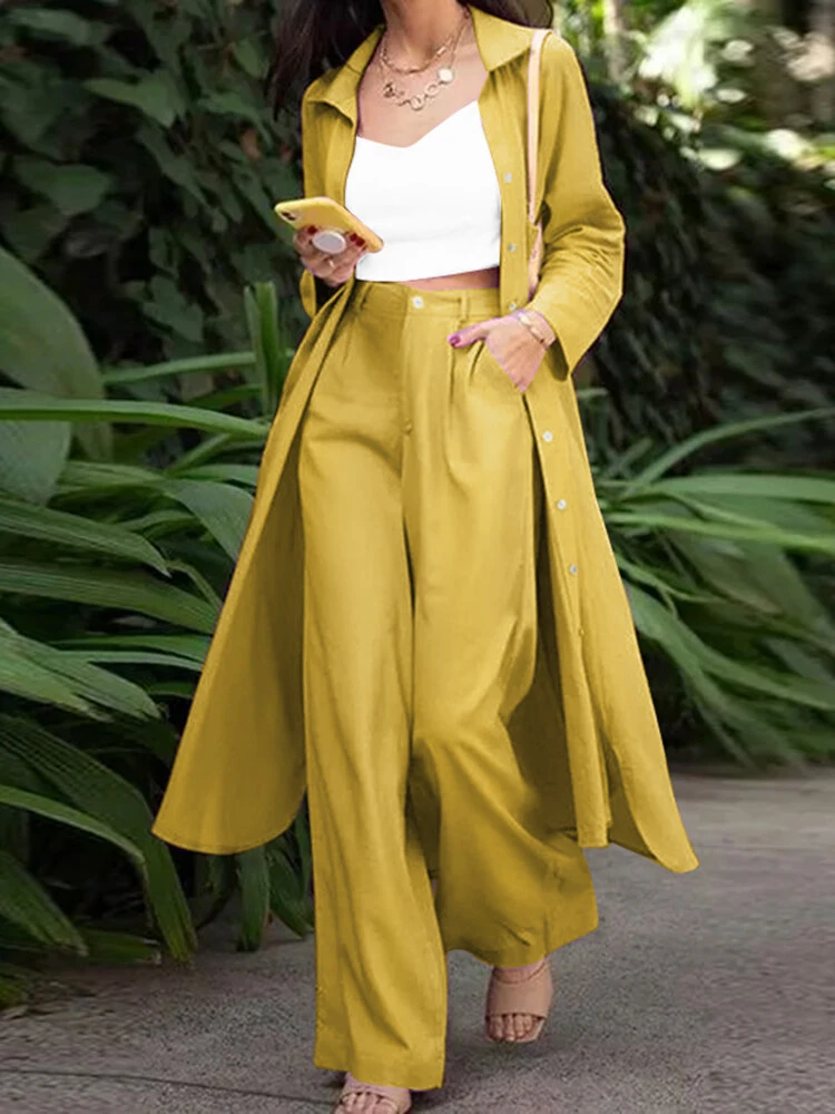 (image for) ZANZEA Women Plus Size Two Set Solid Button Lapel Long Sleeve Long Blouses and Pant Two Pieces Set
