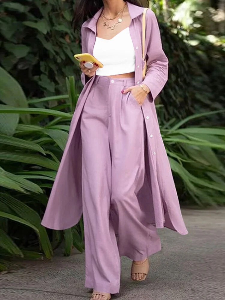 (image for) ZANZEA Women Plus Size Two Set Solid Button Lapel Long Sleeve Long Blouses and Pant Two Pieces Set